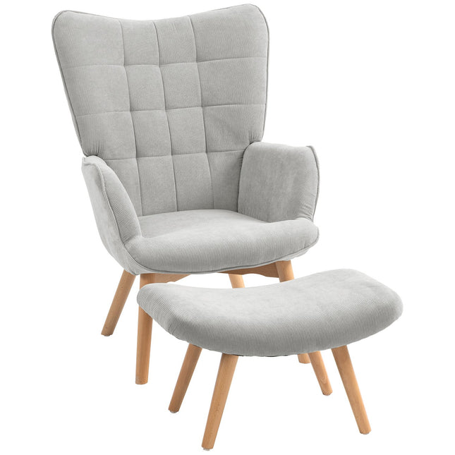 Vleugelstoel met kruk, relaxstoel, gestoffeerde stoel in corduroy-look, loungestoel, fauteuil met houten poten, tv-stoel voor woonkamer, grijs