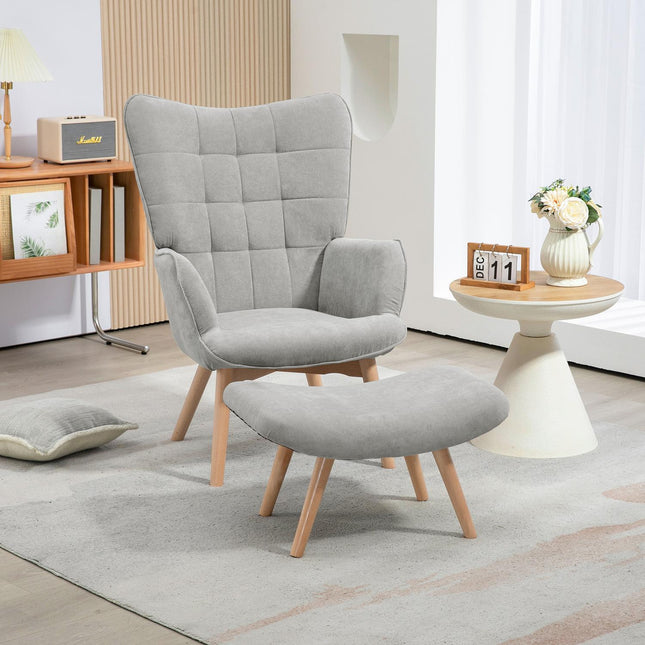 Vleugelstoel met kruk, relaxstoel, gestoffeerde stoel in corduroy-look, loungestoel, fauteuil met houten poten, tv-stoel voor woonkamer, grijs