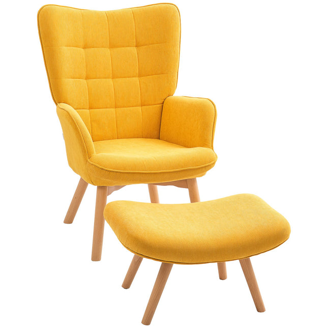 Vleugelstoel met kruk, relaxstoel, gestoffeerde stoel in corduroy-look, loungestoel, fauteuil met houten poten, tv-stoel voor woonkamer, oranje