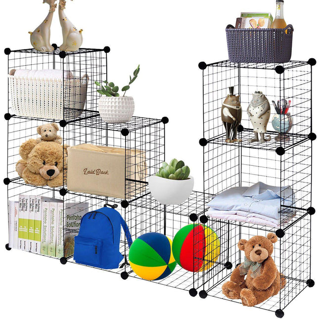 Wire Storage Cubes, 12-Cube Modular Metal Grid, Black