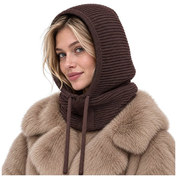 Women's 3-in-1 Balaclava Hood with 30% Wool, Ribbed Knit, Brown