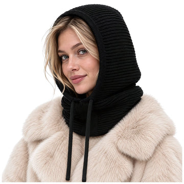 Women's Balaclava Hood 3-in-1 with Wool Ribbed Knit, Neck Warmer, Black