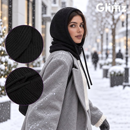 Women's Balaclava Hood 3-in-1 with Wool Ribbed Knit, Neck Warmer, Black