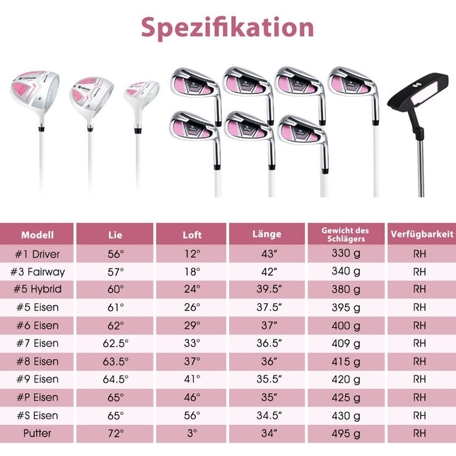 Women's golf club set 11-piece golf club sets right-handed with rain cover pink