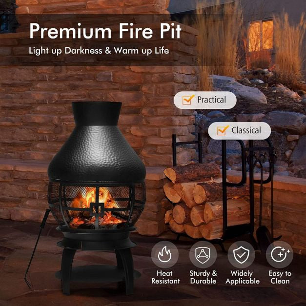 Wood-Burning Cast Iron Chiminea With Mesh, Ash Tray
