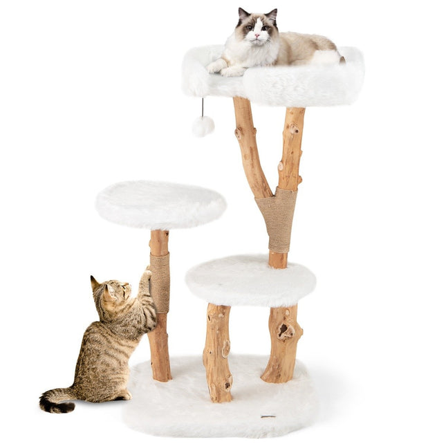 Wood Cat Tree with Plush Seat, 2 Platforms & Jute Posts