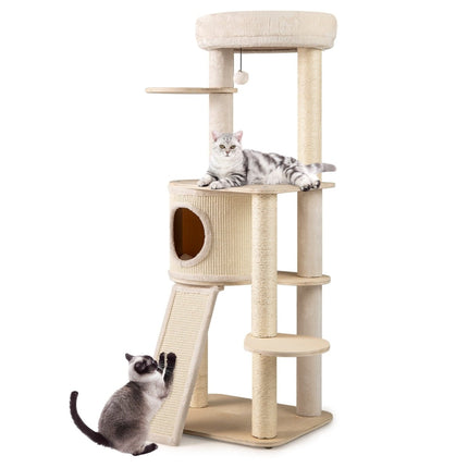 Wood Cat Tree with Sisal Posts, Condo, Ladder – 143 cm