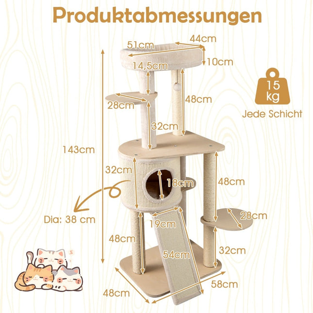 Wood Cat Tree with Sisal Posts, Condo, Ladder – 143 cm