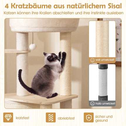 Wood Cat Tree with Sisal Posts, Condo, Ladder – 143 cm