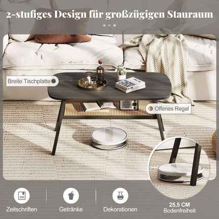 Wood Coffee Table with Rattan Shelf, 2-Tier, 100x55x44.5 cm