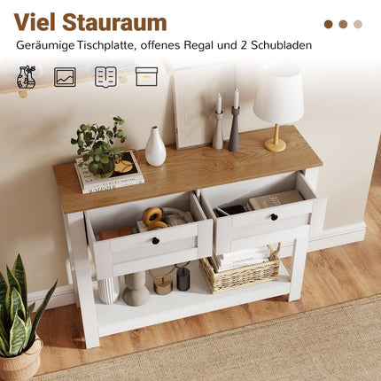 Wood Console Table with 2 Drawers and Shelves, White