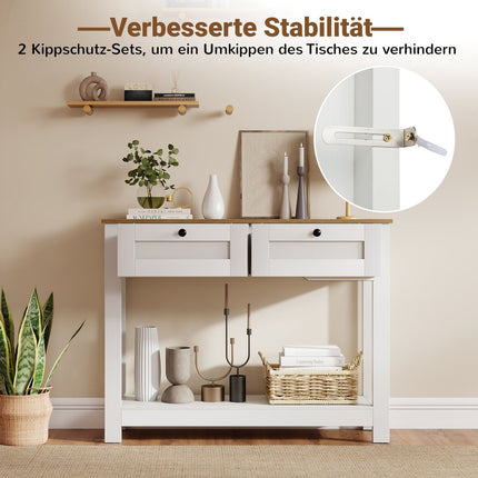 Wood Console Table with 2 Drawers and Shelves, White