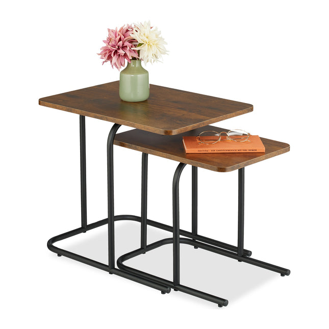 Set van 2 bijzettafels met houtlook, zwarte metalen poten