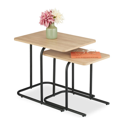 Wood Effect Nesting Tables, Set of 2, Black Metal Legs