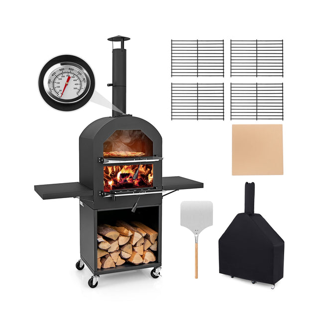 Wood-Fired Outdoor Pizza Oven with Cover and Stone
