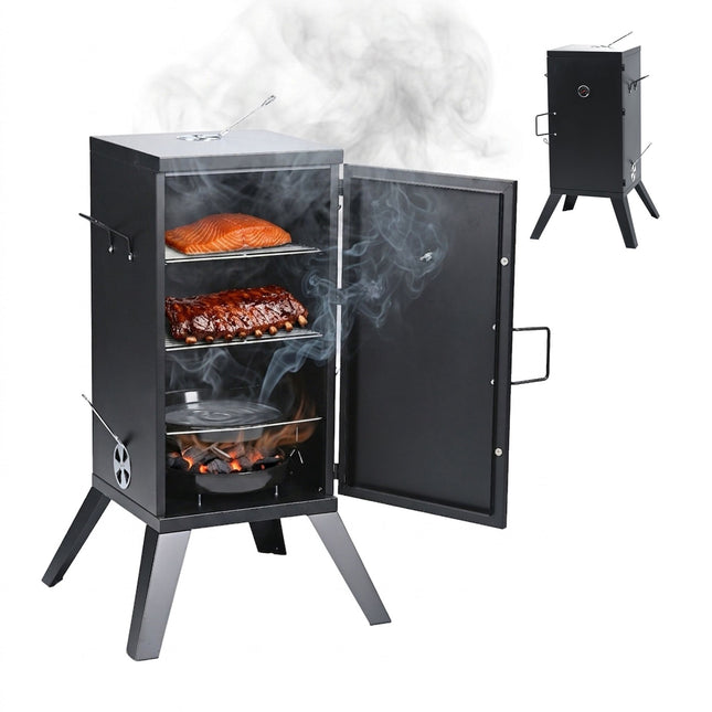 Wood-Fired Steel Smoker, Black – 2-Level Cooking