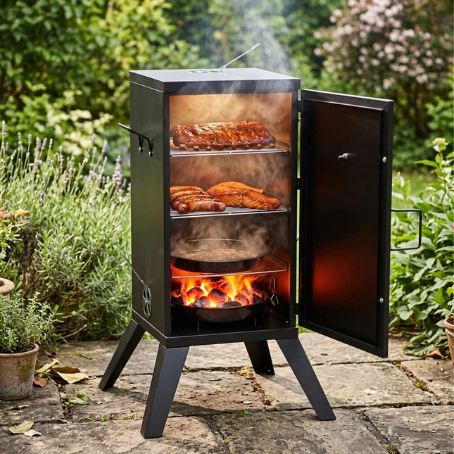 Wood-Fired Steel Smoker, Black – 2-Level Cooking