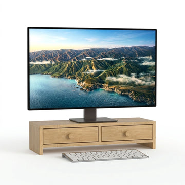 Wood Monitor Riser with 2 Drawers, 12.5 x 47 x 18 cm