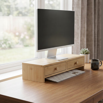 Wood Monitor Riser with 2 Drawers, 12.5 x 47 x 18 cm