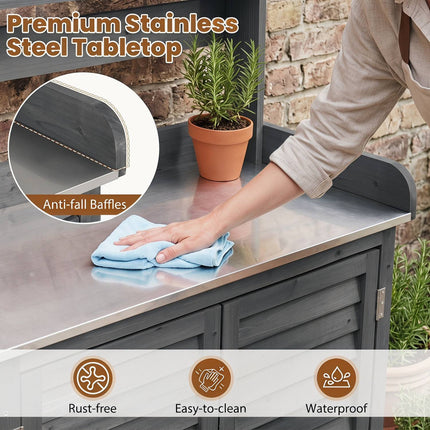 Wood Plant Workstation with Stainless Steel Top, Shelves