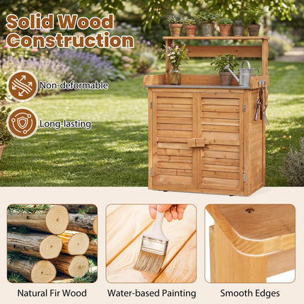Wood Plant Workstation with Stainless Steel Top, Shelves