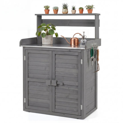 Wood Plant Workstation with Stainless Steel Top, Shelves