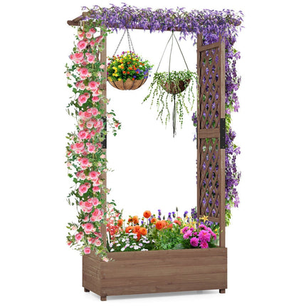 Wood Planter Box with Trellis and Roof, 110x44x182 cm
