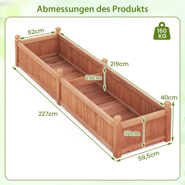 Wood Raised Garden Bed with Dividers, Drainage, 227x59.5x40 cm