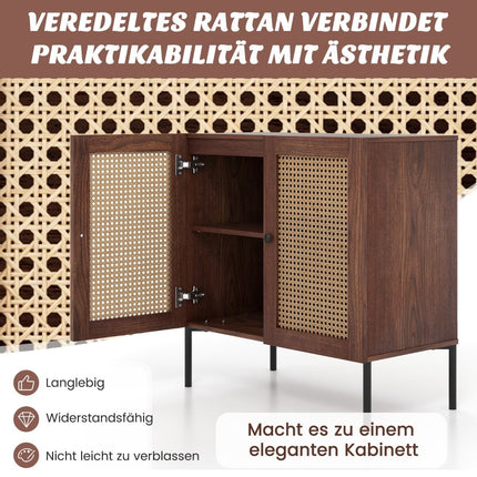Wood Sideboard with Rattan Doors & Adjustable Shelves