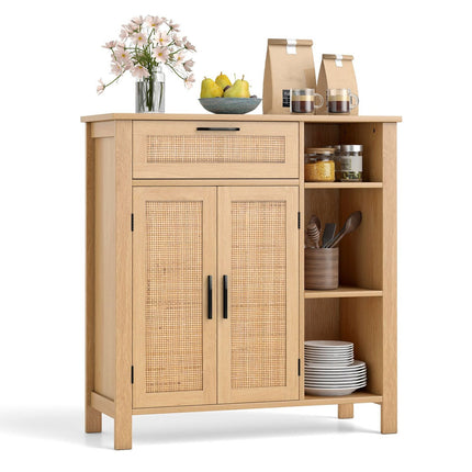 Wood Sideboard with Rattan Doors & Drawers, Adjustable Shelves