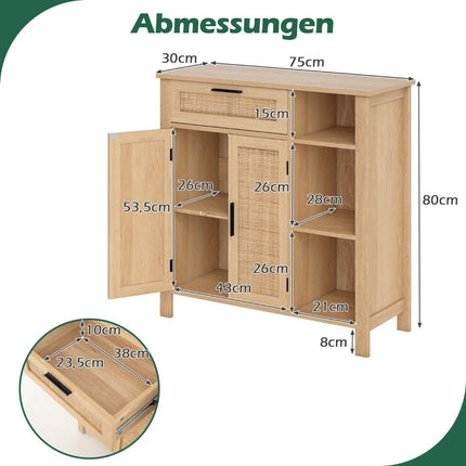 Wood Sideboard with Rattan Doors & Drawers, Adjustable Shelves