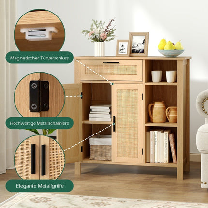 Wood Sideboard with Rattan Doors & Drawers, Adjustable Shelves