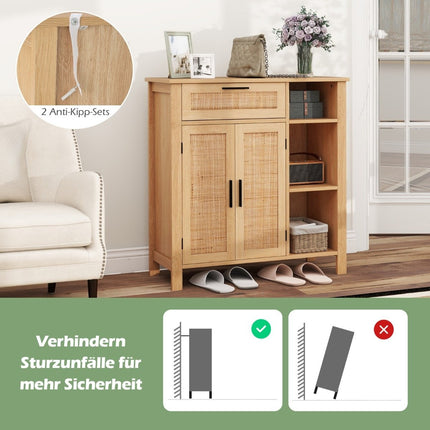 Wood Sideboard with Rattan Doors & Drawers, Adjustable Shelves
