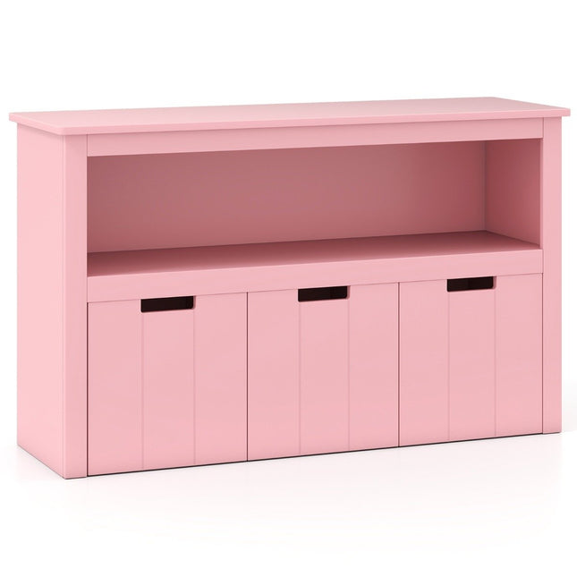 Wood Storage Cabinet with Drawers and Wheels, 101x33x62 cm, Pink