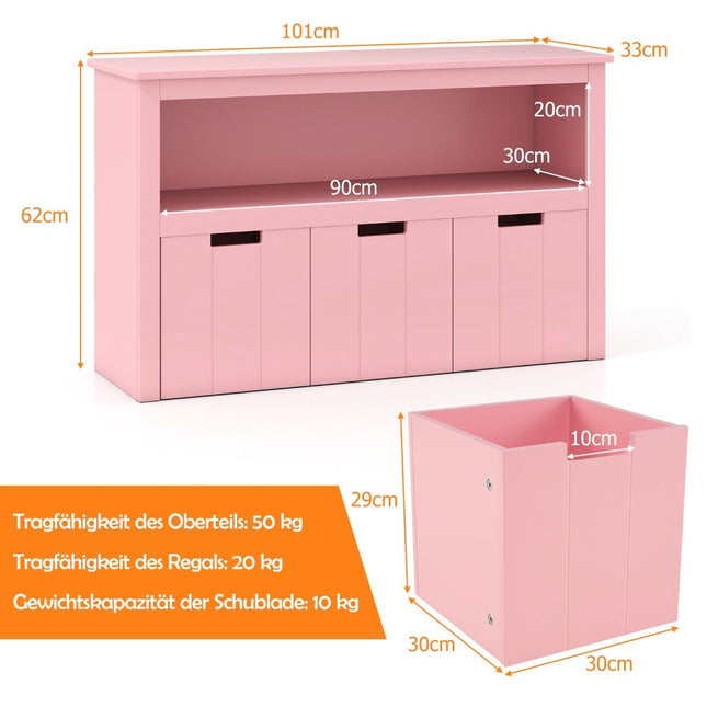 Wood Storage Cabinet with Drawers and Wheels, 101x33x62 cm, Pink