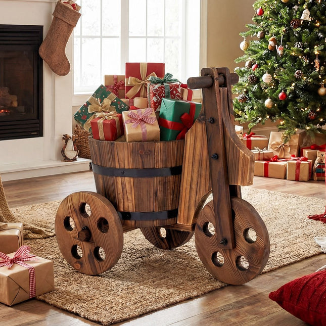 Wood Tricycle Planter Cart – Fir Barrel With Drainage Hole