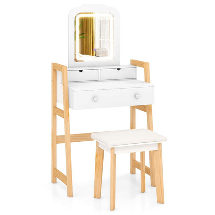 Wood Vanity Table with Mirror, Stool & 3 Drawers, White
