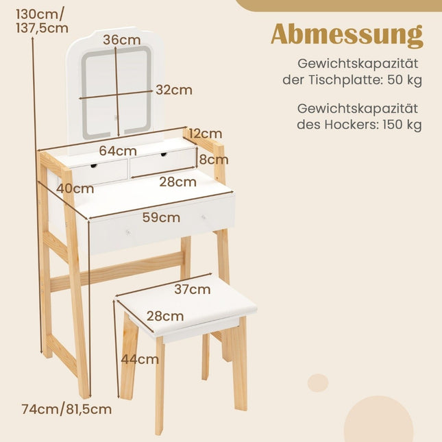 Wood Vanity Table with Mirror, Stool & 3 Drawers, White