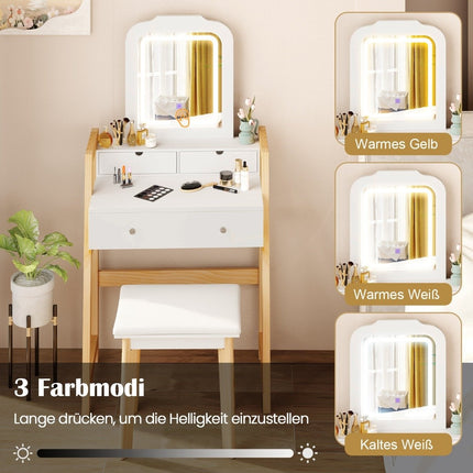 Wood Vanity Table with Mirror, Stool & 3 Drawers, White