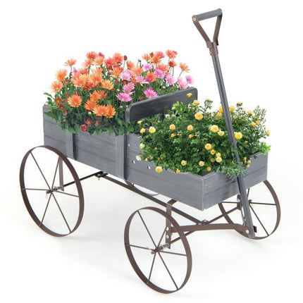 Wood Wagon Planter With Wheels, 2 Sections, Grey