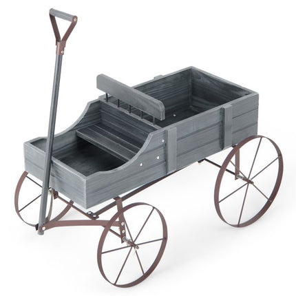 Wood Wagon Planter With Wheels, 2 Sections, Grey