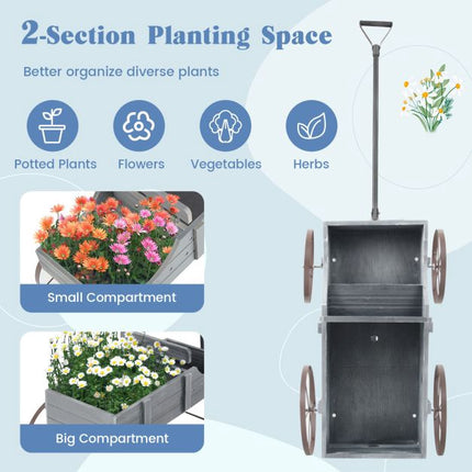 Wood Wagon Planter With Wheels, 2 Sections, Grey