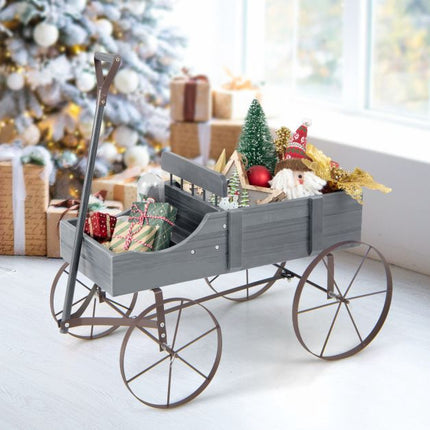 Wood Wagon Planter With Wheels, 2 Sections, Grey