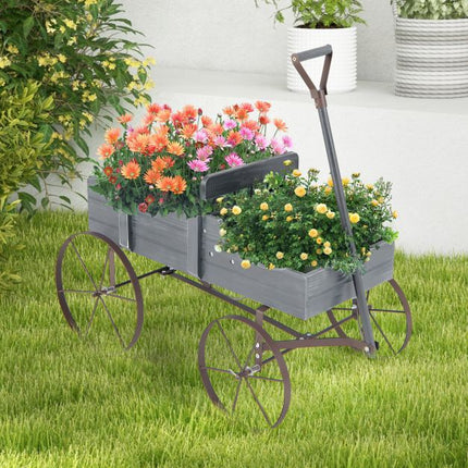 Wood Wagon Planter With Wheels, 2 Sections, Grey
