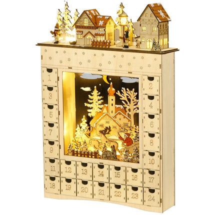 Wooden Advent Calendar with LED Lights, 24-Day Countdown