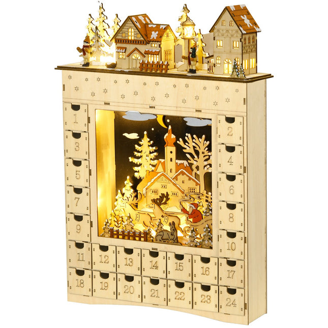 Wooden Advent Calendar with LED Lights, 24-Day Countdown