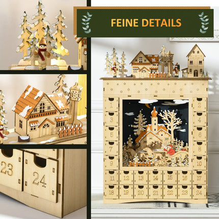 Wooden Advent Calendar with LED Lights, 24-Day Countdown