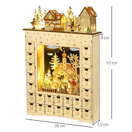 Wooden Advent Calendar with LED Lights, 24-Day Countdown
