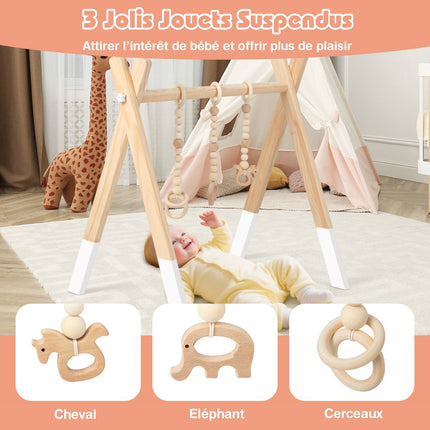 Wooden Baby Gym, Foldable Play Frame with 3 Hanging Toys