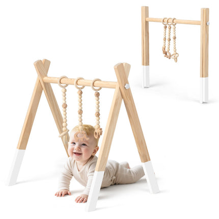 Wooden Baby Gym, Foldable Play Frame with 3 Hanging Toys